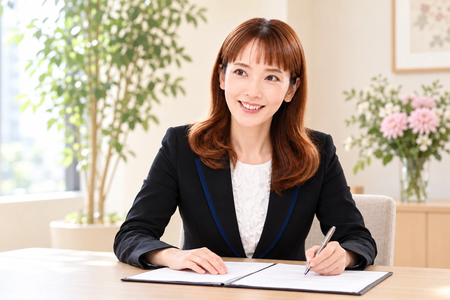 左手でペンを持ち、書類を確認する山本千菊